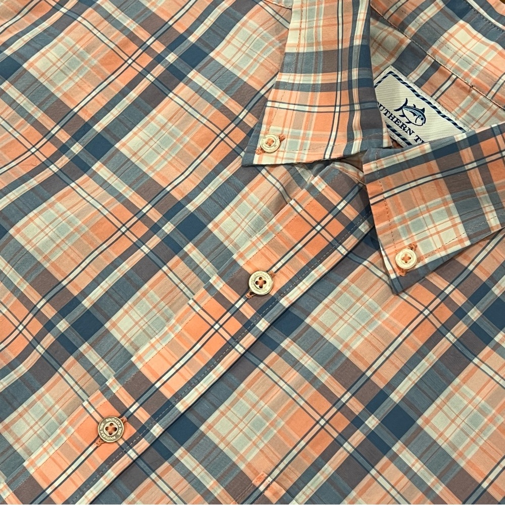Southern Tide Long-Sleeve Beach Lagoon Sportshirt Coral Plaid Medium Classic Fit